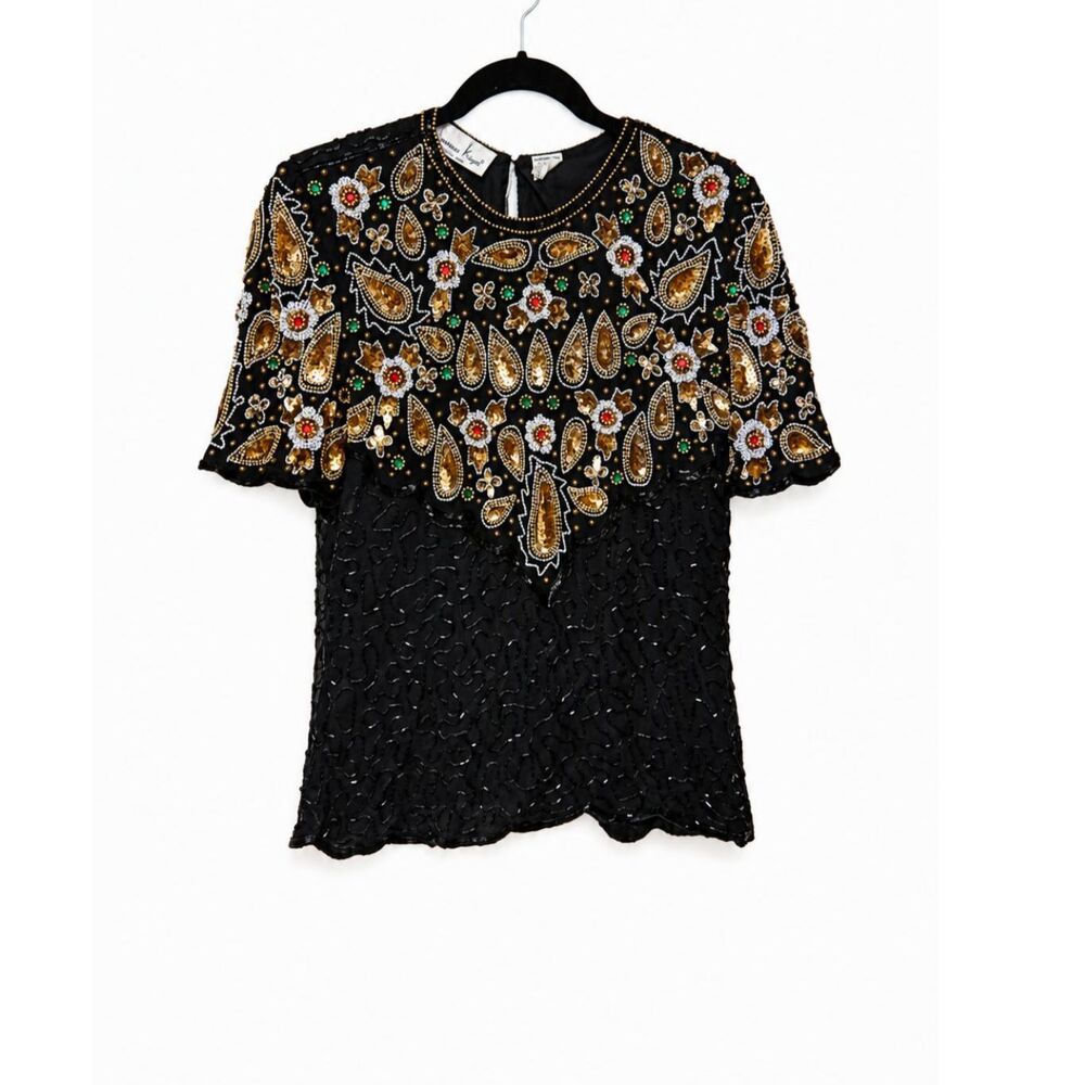 Vintage Sequin Top Silk Beaded Blouse Floral 80s Party Holiday Evening PM